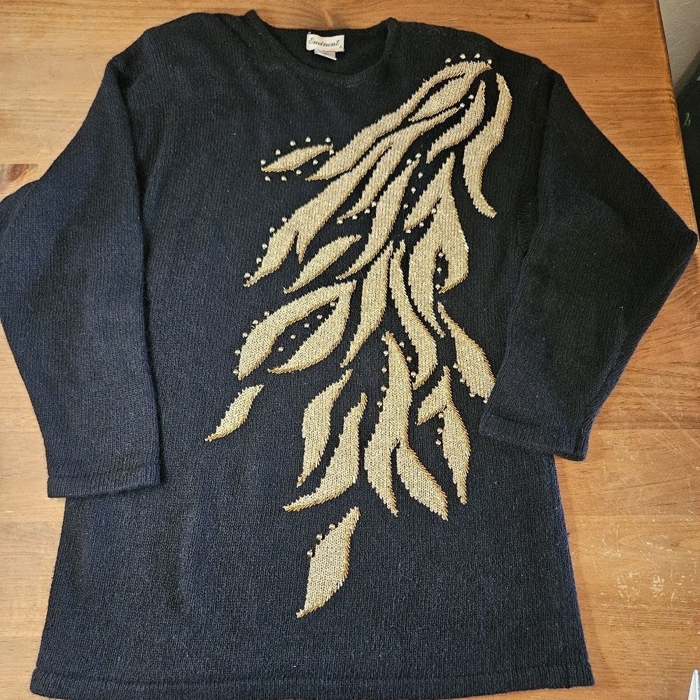 Eminent Vintage 80s Silk/Nylon/Angora Beaded Sweater Black & Gold Size Medium